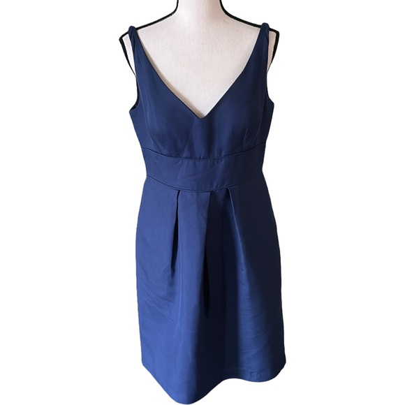 Jenny Yoo Blue Cotton Silk Blend Plunging Neckline Cocktail Dress Size 10 - Picture 4 of 11